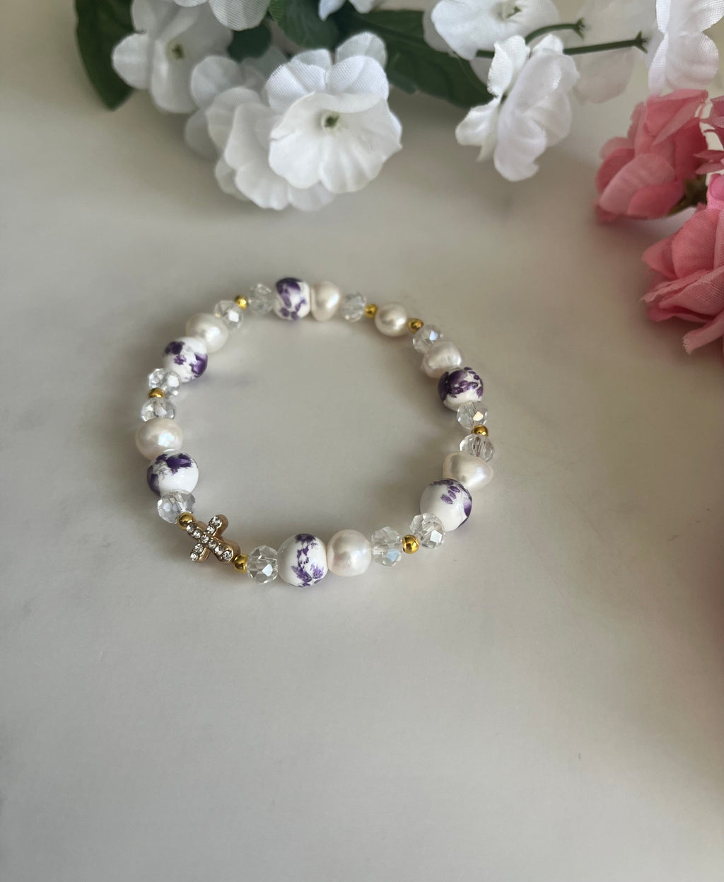 Freshwater Pearl Floral Cross Bead Bracelet
