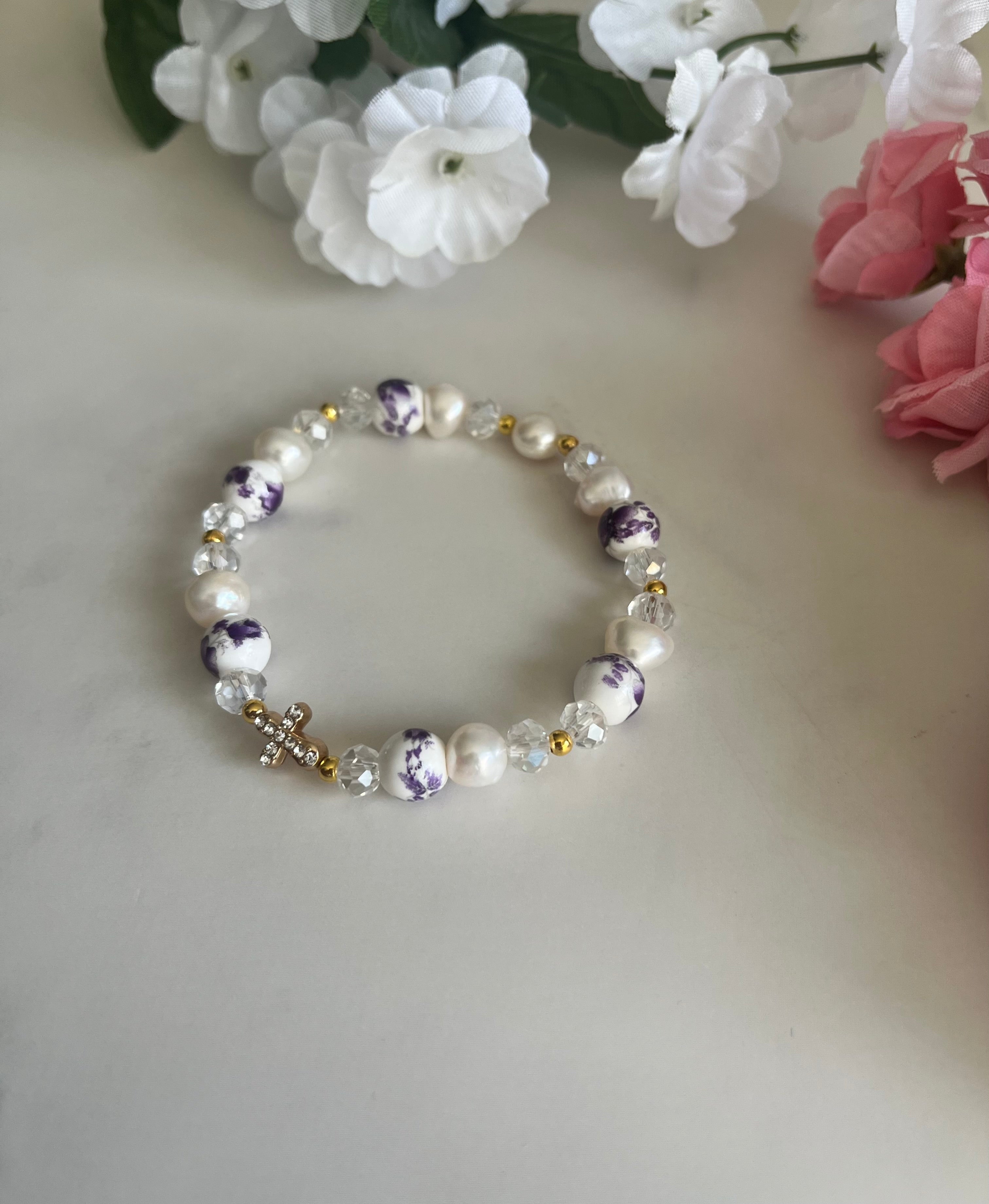 Freshwater Pearl Floral Cross Bead Bracelet