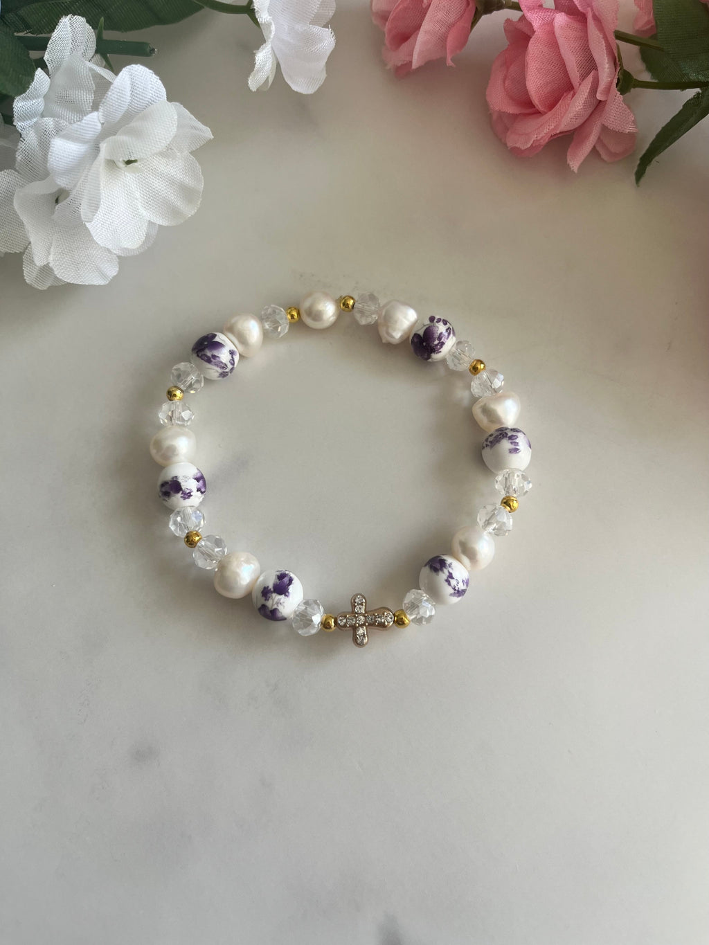 Freshwater Pearl Floral Cross Bead Bracelet