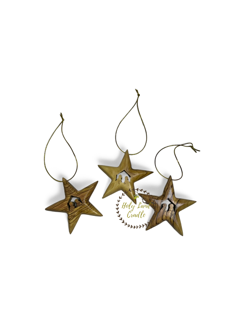Olive Wood Star Ornament with Holy Family Carved