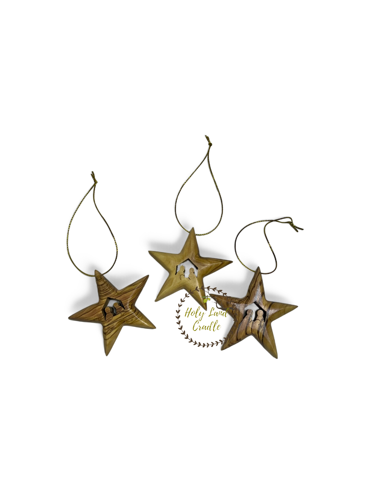 Olive Wood Star Ornament with Holy Family Carved