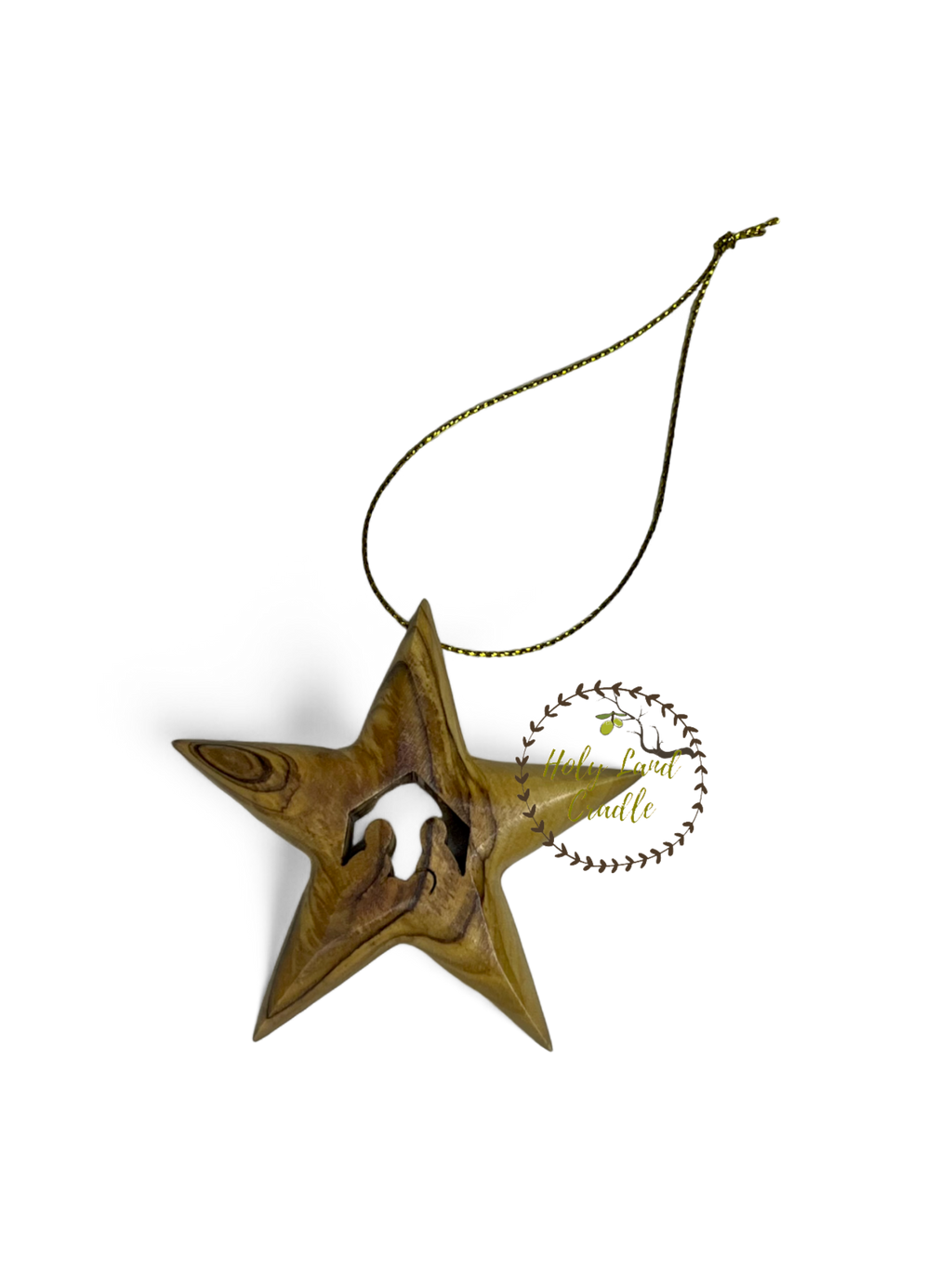 Olive Wood Star Ornament with Holy Family Carved