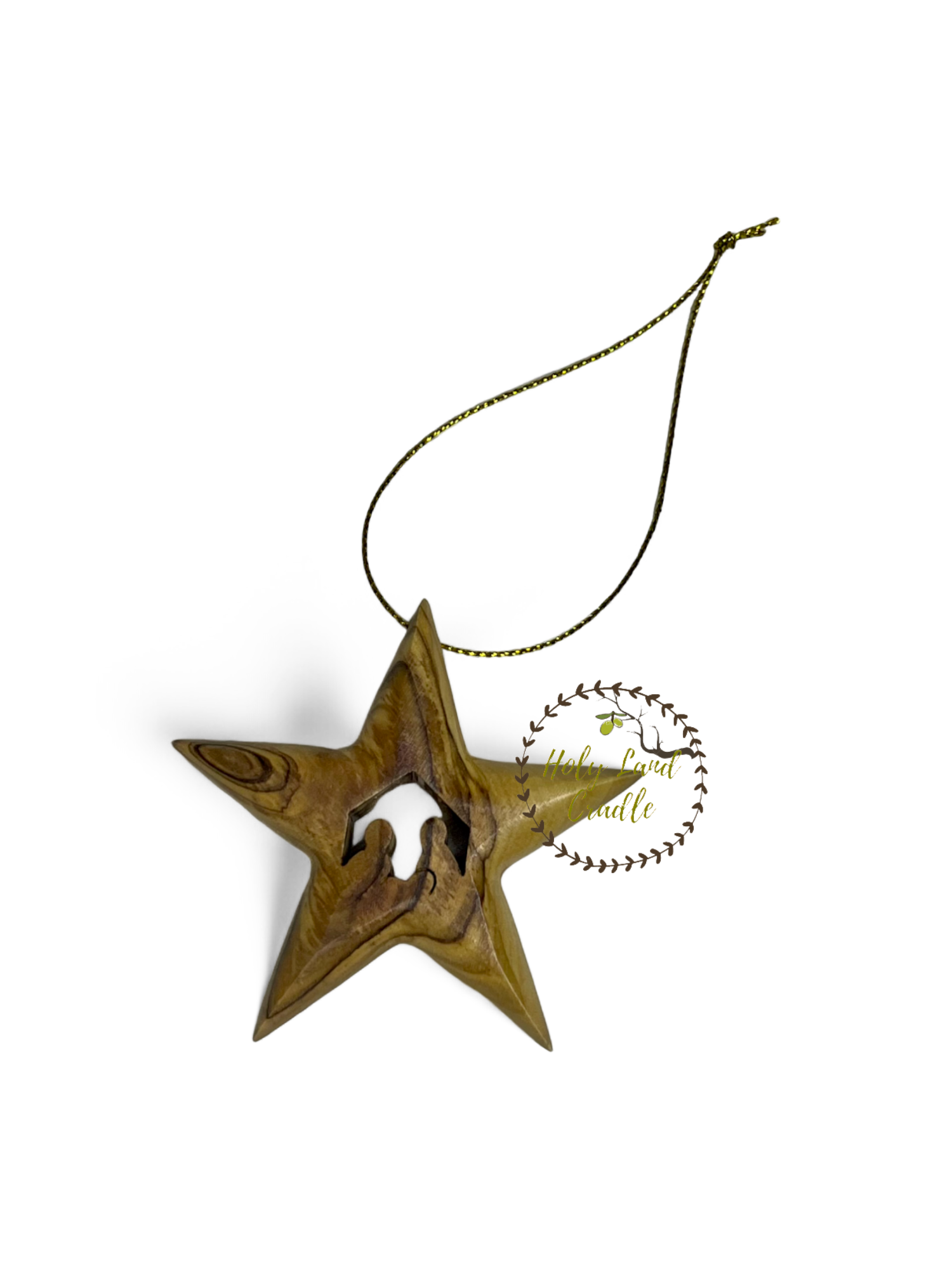 Olive Wood Star Ornament with Holy Family Carved