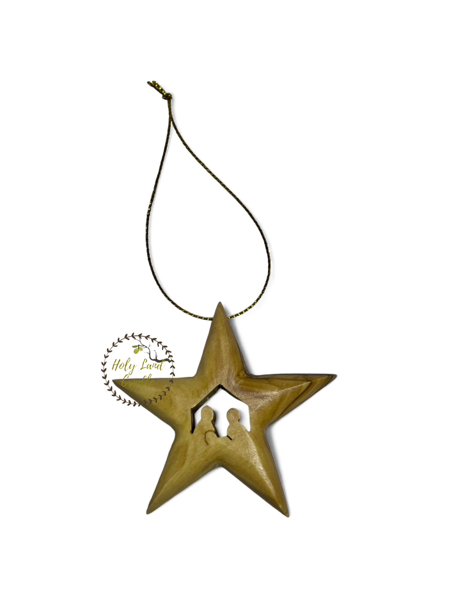 Olive Wood Star Ornament with Holy Family Carved