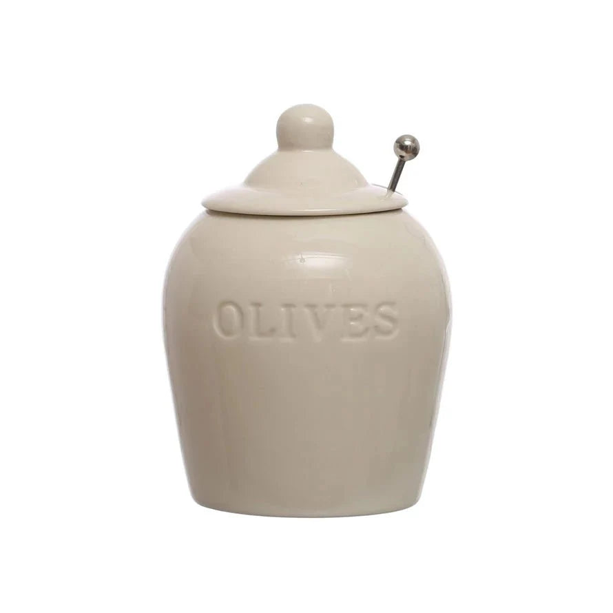 Debossed Stoneware Olive Jars with Slotted Spoon – Set of 2