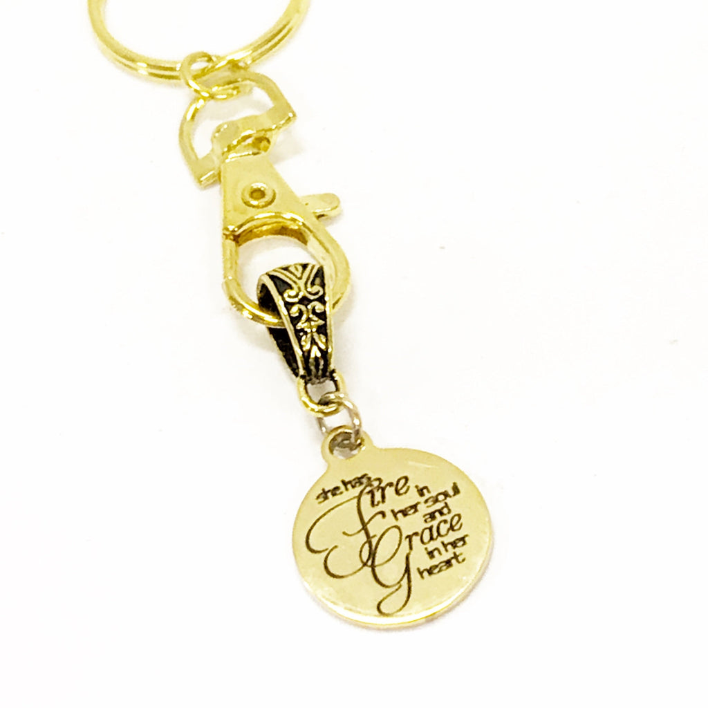 Christian Keychain, She Has Fire In Her Soul And Grace In Her Heart Keychain, Christian Charm Keychain, Christian Gift For Her