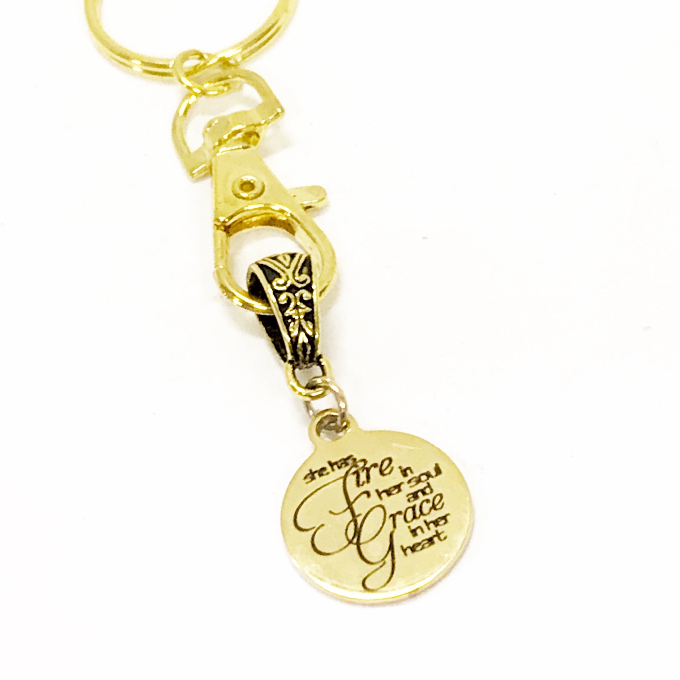 Christian Keychain, She Has Fire In Her Soul And Grace In Her Heart Keychain, Christian Charm Keychain, Christian Gift For Her