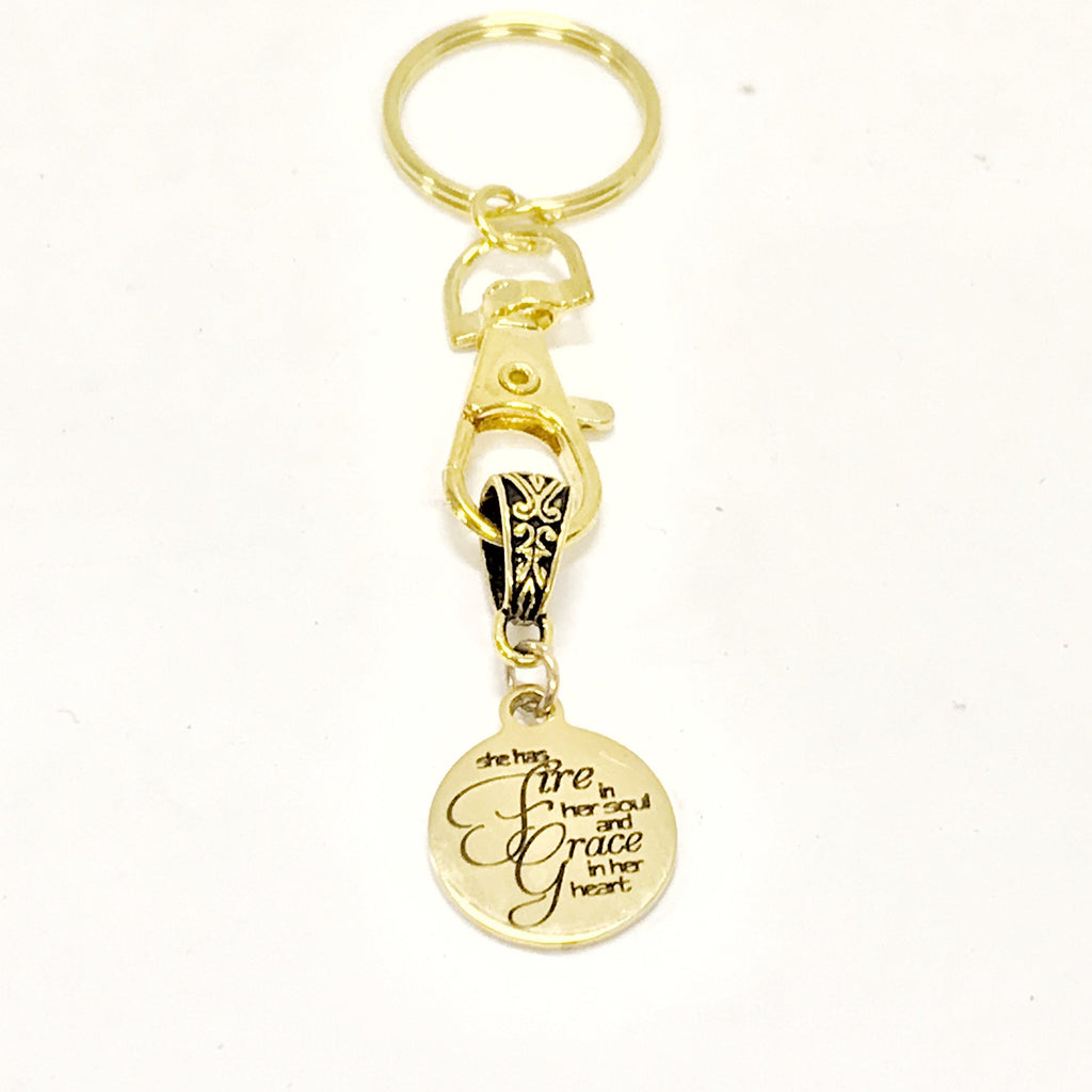 Christian Keychain, She Has Fire In Her Soul And Grace In Her Heart Keychain, Christian Charm Keychain, Christian Gift For Her