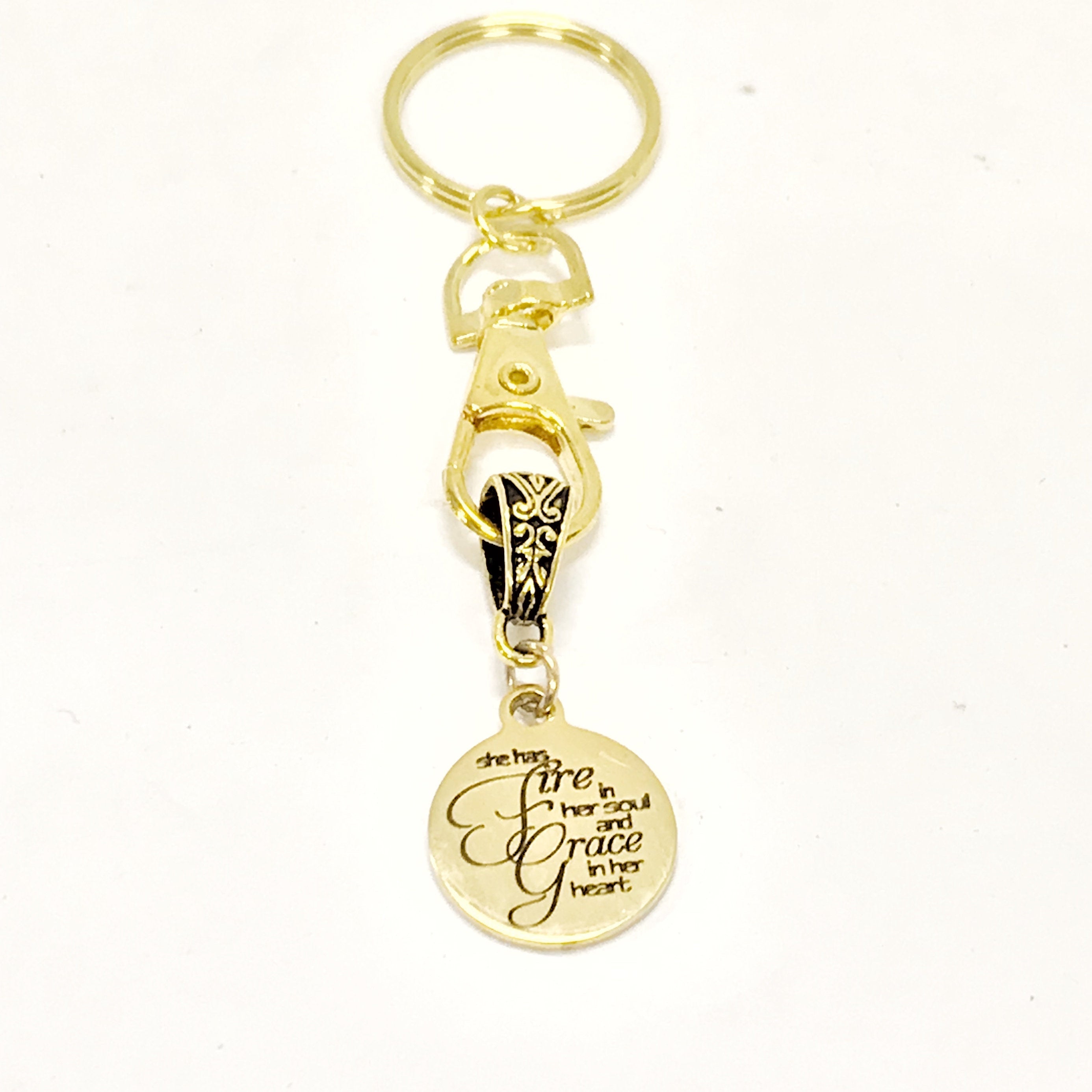 Christian Keychain, She Has Fire In Her Soul And Grace In Her Heart Keychain, Christian Charm Keychain, Christian Gift For Her
