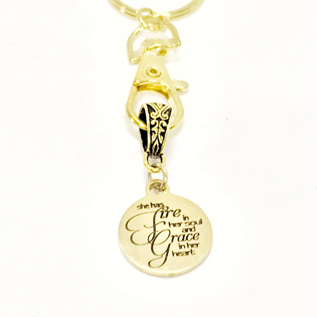 Christian Keychain, She Has Fire In Her Soul And Grace In Her Heart Keychain, Christian Charm Keychain, Christian Gift For Her