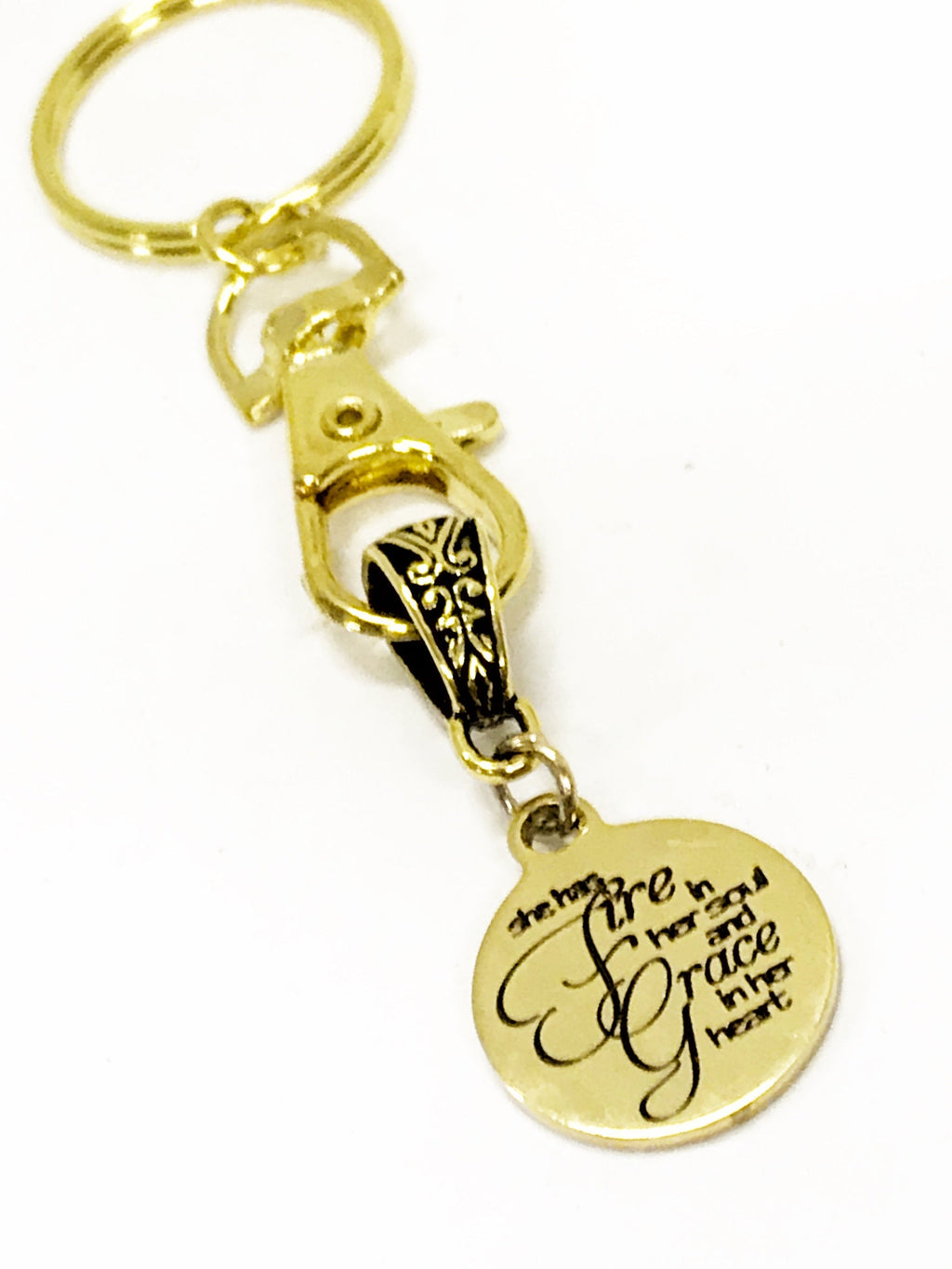 Christian Keychain, She Has Fire In Her Soul And Grace In Her Heart Keychain, Christian Charm Keychain, Christian Gift For Her