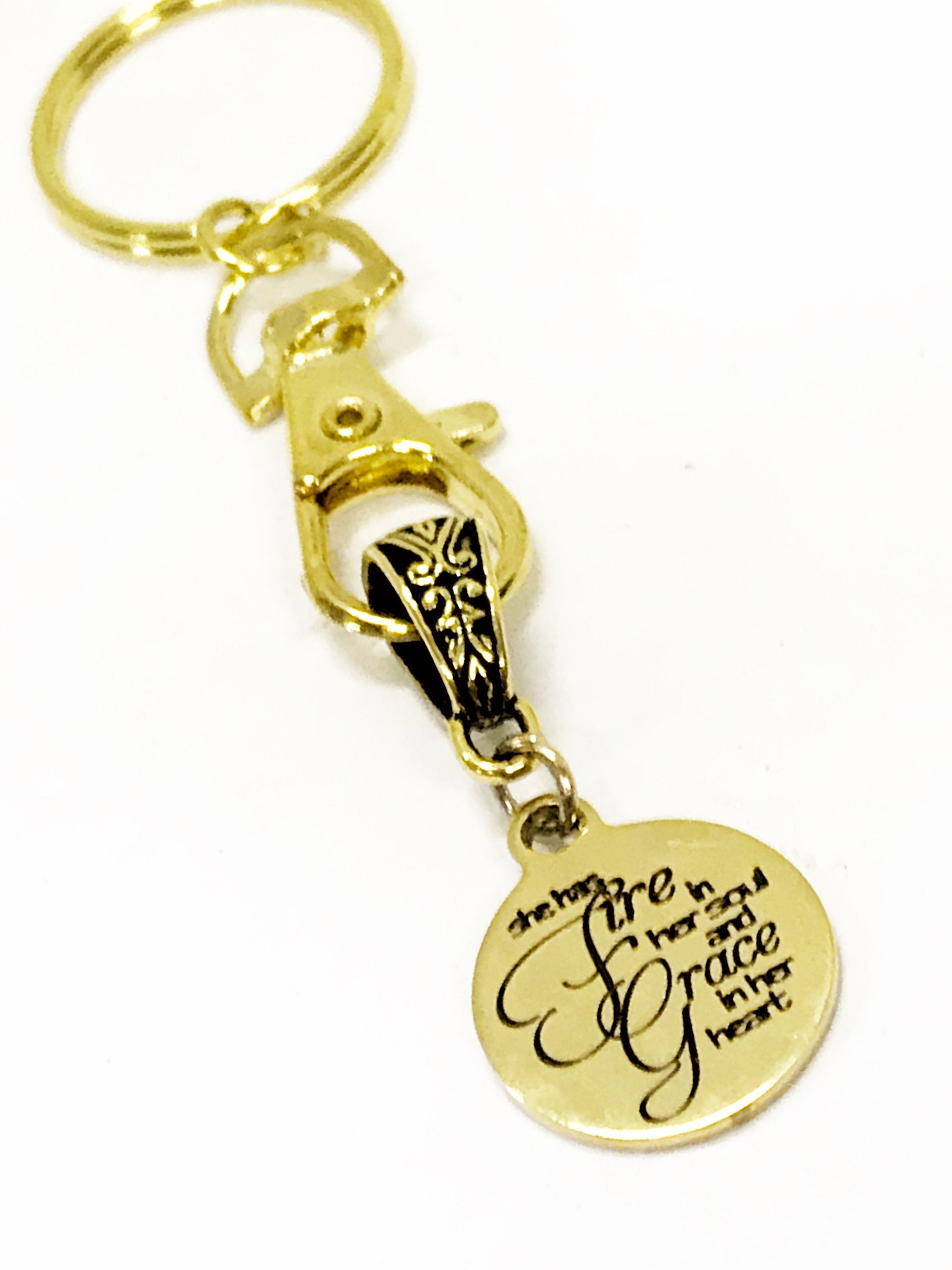 Christian Keychain, She Has Fire In Her Soul And Grace In Her Heart Keychain, Christian Charm Keychain, Christian Gift For Her