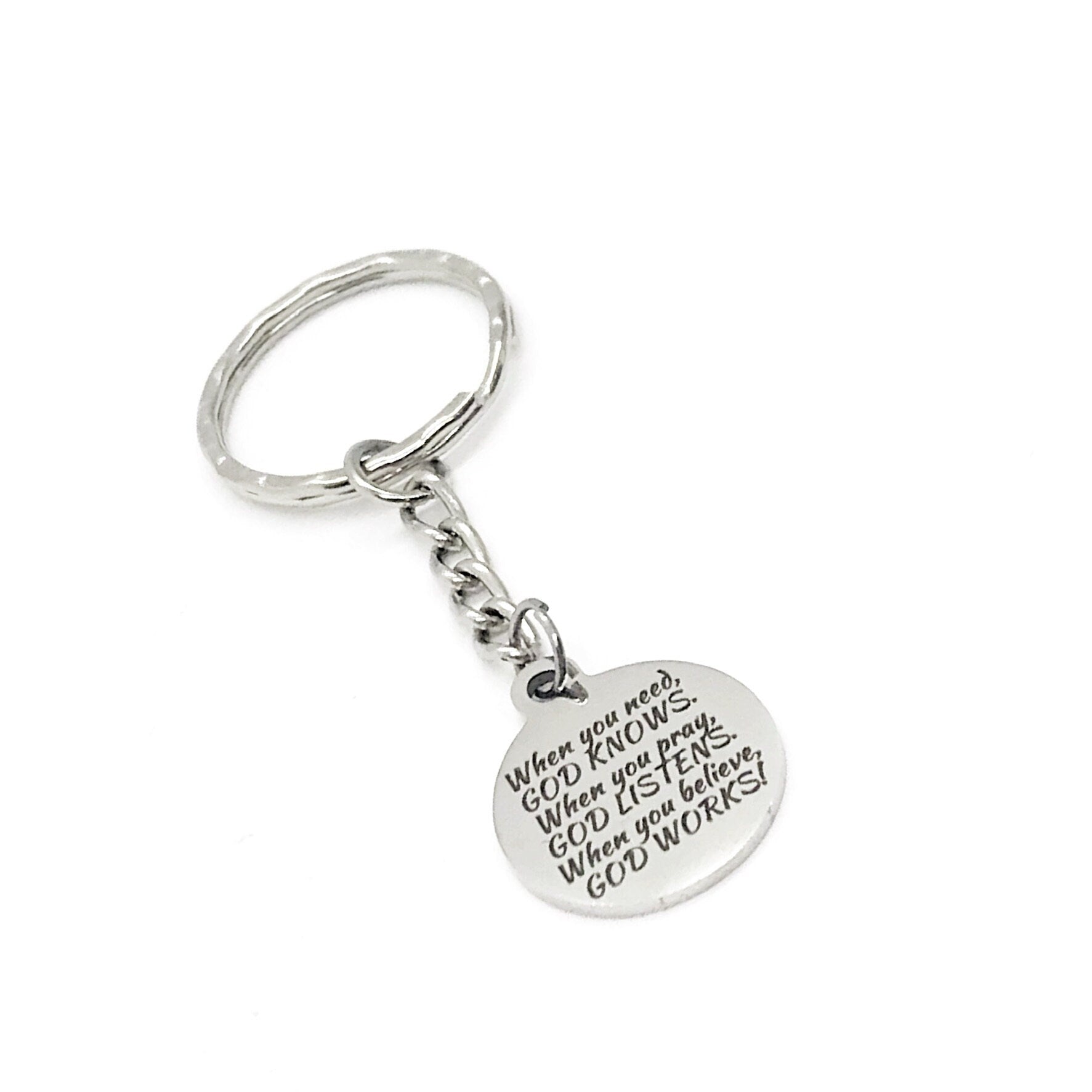 Christian Gift, Christian Keychain, God Knows, God Listens, God Works Keychain, Faith Charm, Christian Charm, Religious Gift